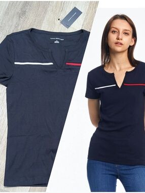 NWT New Tommy Hilfiger v neck split T-shirt top tee shirt Navy blue Size PM